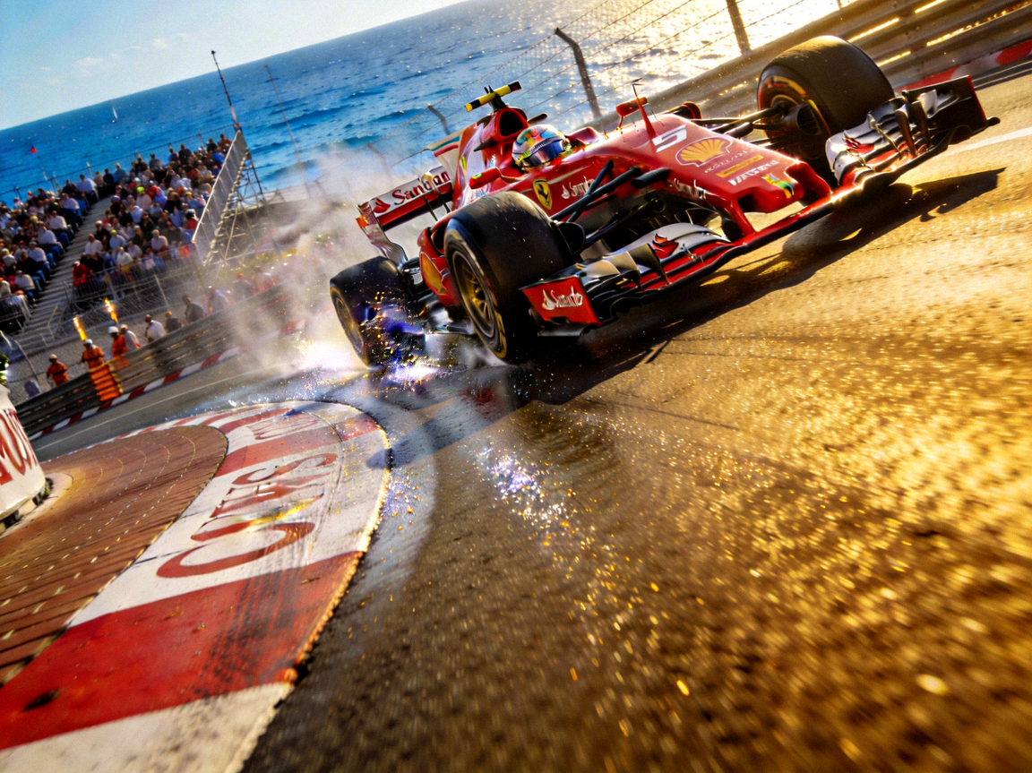 F1赛车在摩纳哥街道赛道上飞驰 - 红色法拉利赛车经过标志性弯道